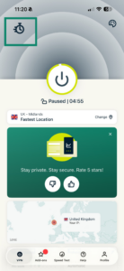 ExpressVPN iOS app showing stopwatch icon.