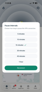 ExpressVPN iOS app showing pause intervals option.