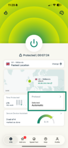 ExpressVPN iOS app showing VPN protocol option.