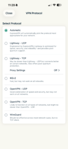 ExpressVPN iOS app showing VPN protocol option.