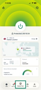 ExpressVPN iOS app showing speed test option.