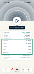 ExpressVPN iOS app speed test results.