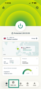 ExpressVPN iOS app showing add-ons option.