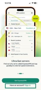 ExpressVPN iOS app sign in page.