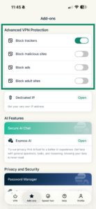 ExpressVPN iOS app showing Advanced Protection options.