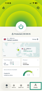 ExpressVPN iOS app showing profile option.