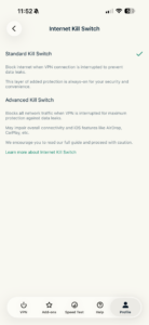 ExpressVPN iOS app showing kill switch options.