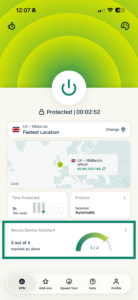 ExpressVPN iOS app showing secure device assistant feature.