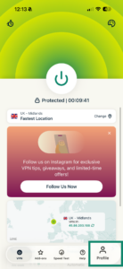 ExpressVPN iOS app showing the profile option.