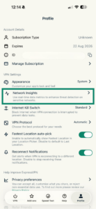 ExpressVPN iOS app showing network insights option.