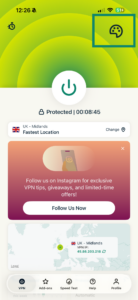 ExpressVPN iOS app showing color palette icon.