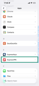The Apps list in the Settings menu on iOS, with ExpressVPN highlighted.