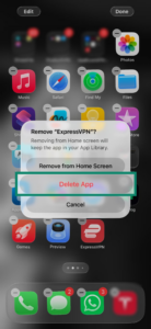 iOS home screen showing how to delete ExpressVPN app.