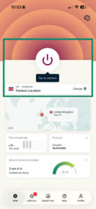 ExpressVPN iOS app home screen showing power button and Fastest Location.