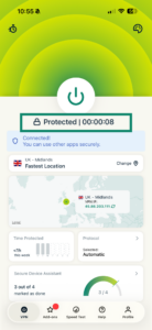 ExpressVPN iOS app showing VPN protected screen.