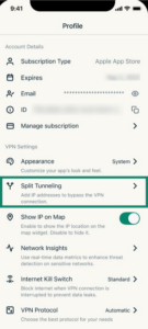 The main menu in the ExpressVPN app on iOS, with a highlighted "Split Tunneling" option.