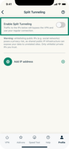 The Split Tunneling feature in the ExpressVPN iOS app, with a highlighted "Enable Split Tunneling" toggle.