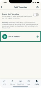 The "Add IP address" option in the split tunneling feature in the ExpressVPN app for iOS highlighted.