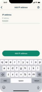 The "Add IP address" page in the ExpressVPN app for iOS.