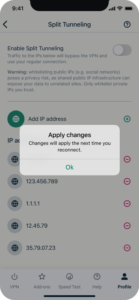 The "Apply changes" pop-up for the Split Tunneling feature in the ExpressVPN app for iOS.