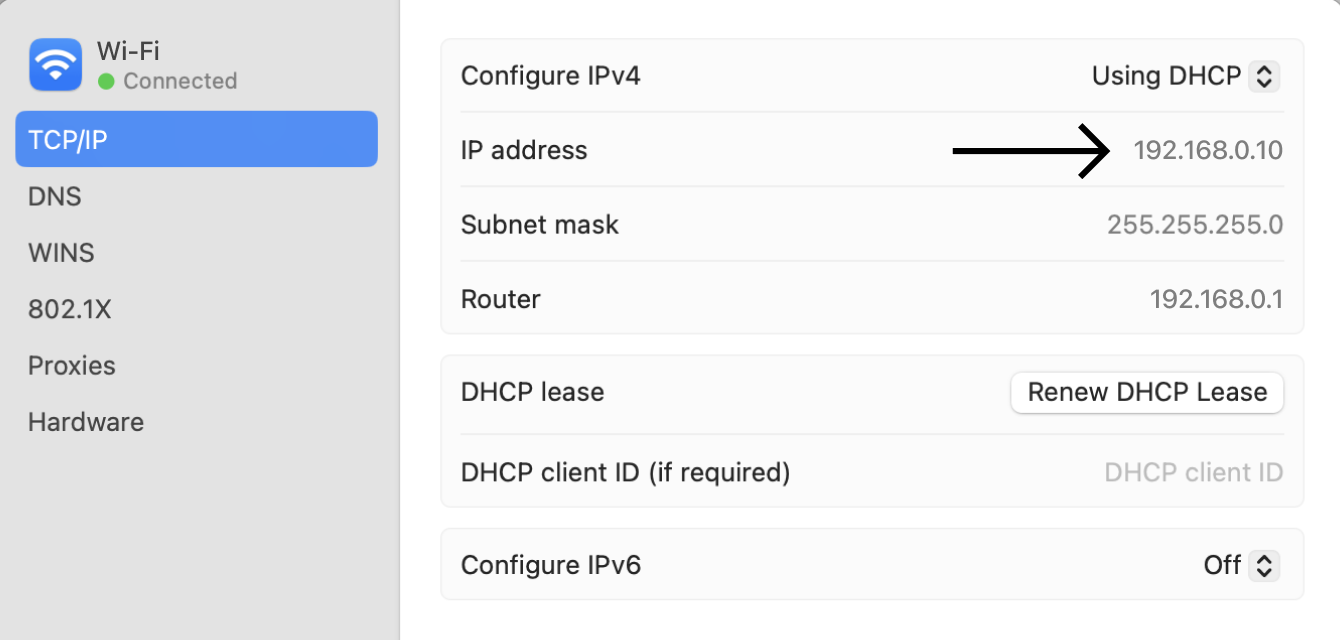 the TCP/IP tab under macOS network settings