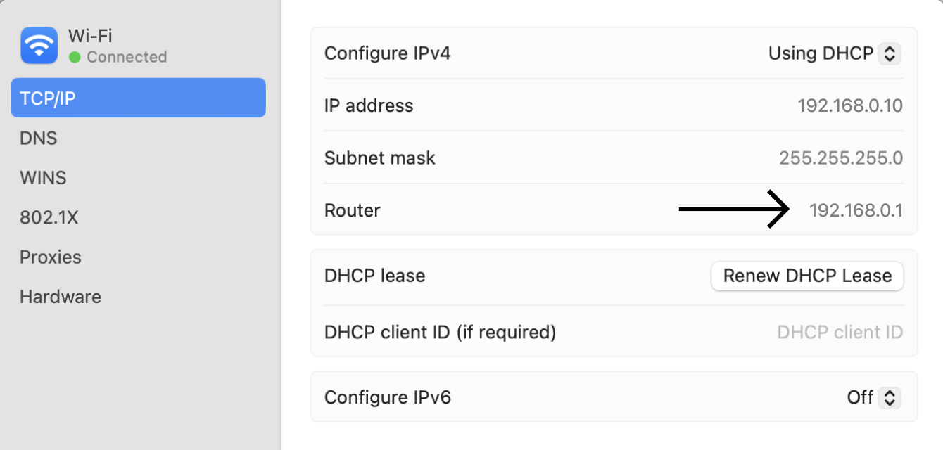 Router IP address under network settings for macOS
