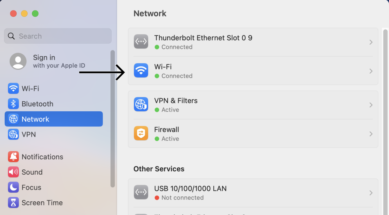 The user interface of the macOS network system setting