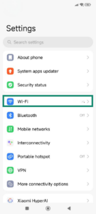 The Settings menu on Android, showing the Wi-Fi option highlighted