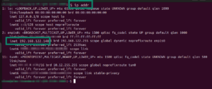 The "ip addr" command in Linux and the "inet" line highlighted.