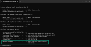 The "Default gateway" field in Command Prompt on Windows.