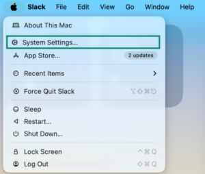 MacOS's menu, showing the System Settings option.
