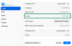 The Router field highlighted in the TCP/IP Wi-Fi settings on macOS.
