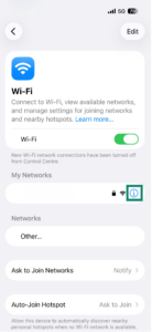 The current Wi-Fi connecton on iOS, with the "i" next to it highlighted.