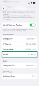 The "Router" field in the Wi-Fi settings on iOS highlighted