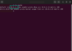The "default via" line on Linux, with a highlighted default gateway.