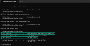The IPv6 Address and IPv4 Address fields in Command Prompt on Windows.