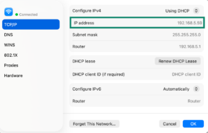 The TCP/IP tab on macOS, showing the IP address field highlighted.