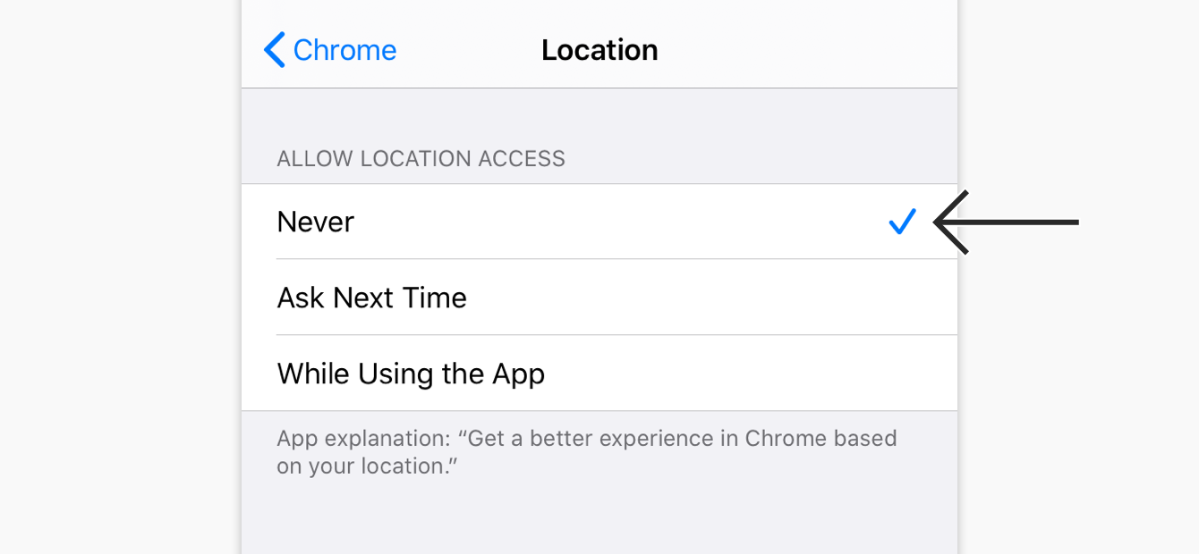 Under “Location,” tap “Never.”