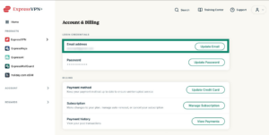 The Account & Billing page in the ExpressVPN+ portal, with a highlighted Email address row.