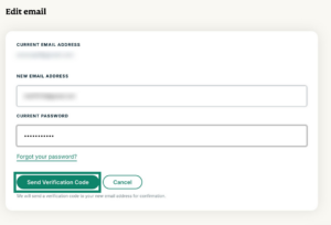 The "Edit email" address in ExpressVPN+, with a highlighted "Send Verification Code" button.