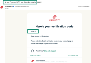 The "Your ExpressVPN verification code" email from ExpressVPN, with a highlighted code.