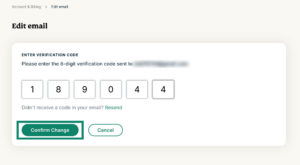 The "Edit email" page in the ExpressVPN+ portal on desktop, showing an "ENTER VERIFICATION CODE" section, with a highlighted "Confirm Change" button.
