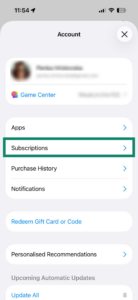 The account settings in the App Store, with the "Subscriptions" option highlighted.