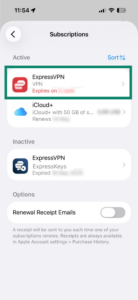 The Subscriptions page in the App Store, with a highlighted ExpressVPN subscription under "Active."