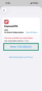 The current ExpressVPN subscription in the App Store, with a highlighted "Renew" button.