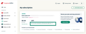 The My subscription page in the ExpressVPN+ portal, highlighting the "Turn on auto-renewal for VPN and any add-ons" option.