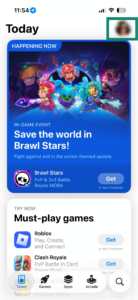 The main App Store page, with a highlighted profile option.