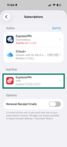 The Subscription page in the App Store, highlighting an ExpressVPN subscription under Inactive.