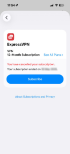 A canceled ExpressVPN subscription in the App Store.