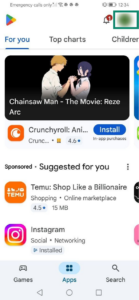 Google Play's main page, with a highlighted profile icon at the top.